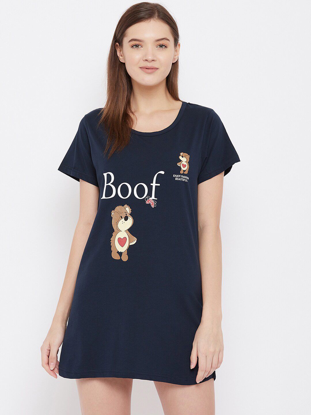 FRENCH FLEXIOUS Women Navy Blue & White Teddy Printed Lounge T-Shirt Price in India