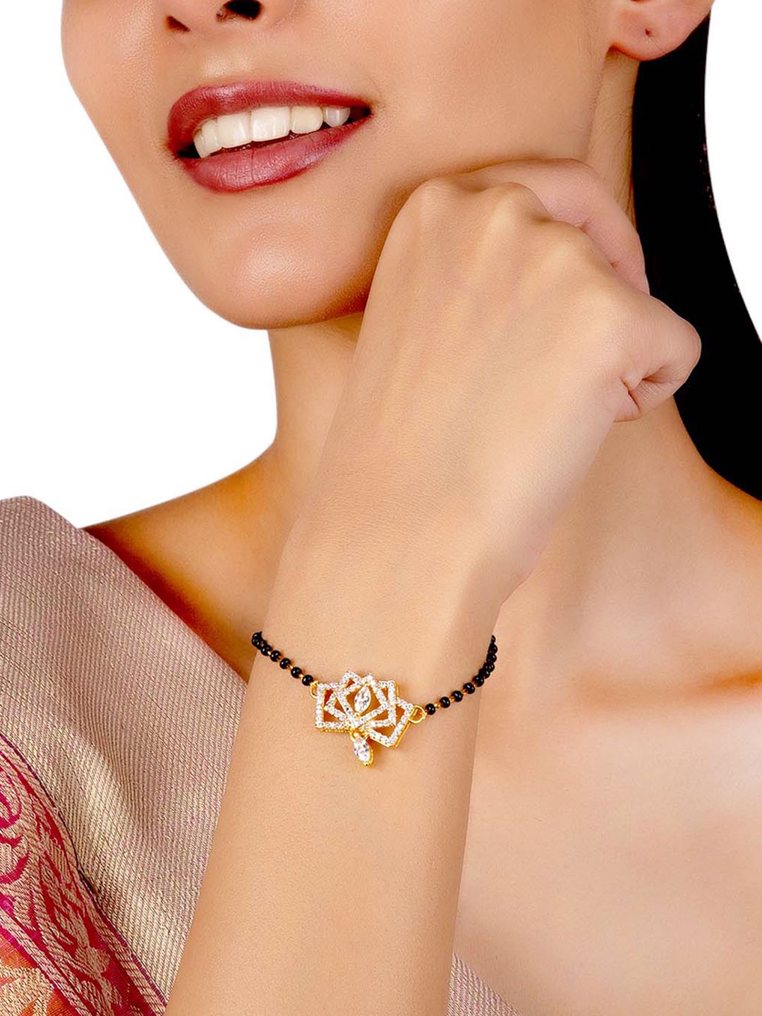 Studio Voylla Women Black Gold-Plated American Diamond CZ Beaded Mangalsutra Bracelet Price in India