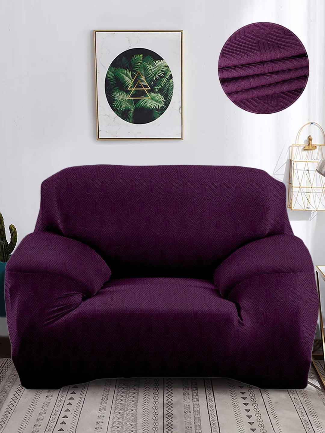 Cortina Purple Solid Jacquard Single Seater Sofa Cover Price in India