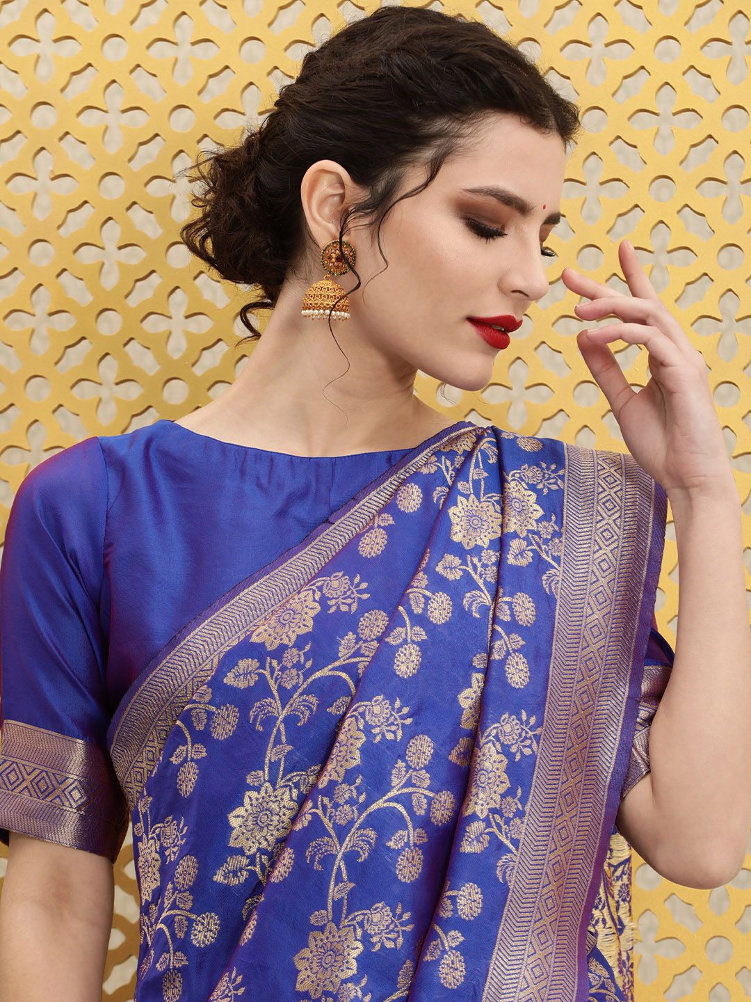 House of Pataudi Blue & Golden Ethnic Woven Design Jashn Banarasi Saree