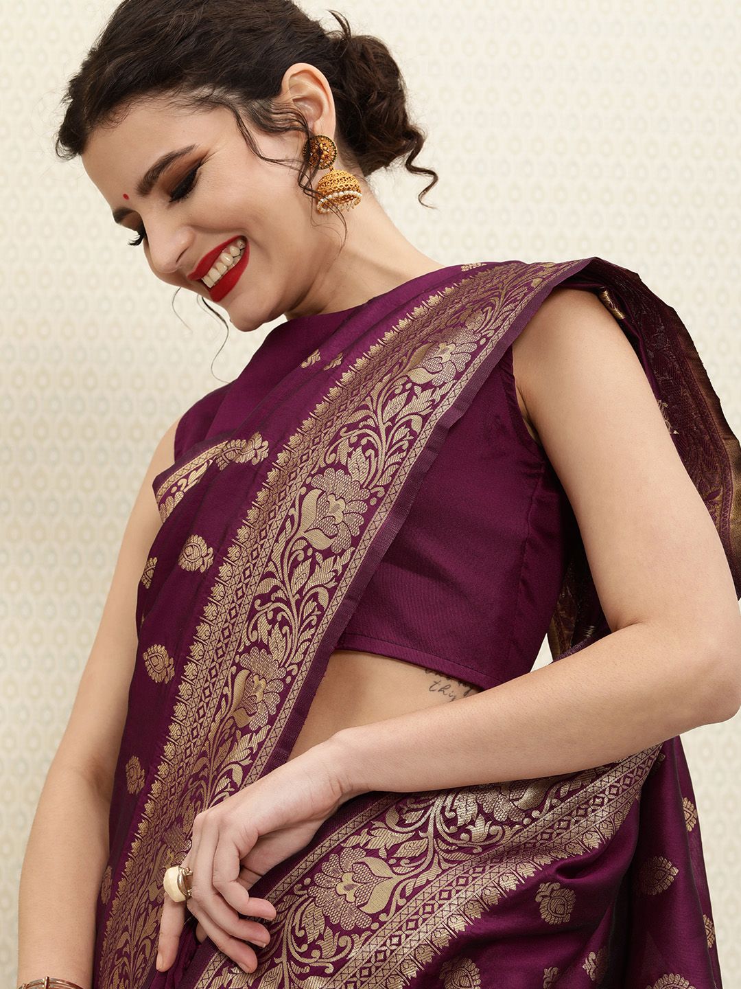 House of Pataudi Burgundy & Golden Ethnic Woven Design Jashn Banarasi Saree
