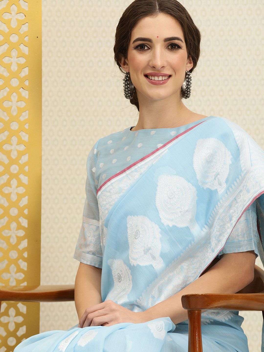 House of Pataudi Blue & Off White Ethnic Motifs Rozana Saree