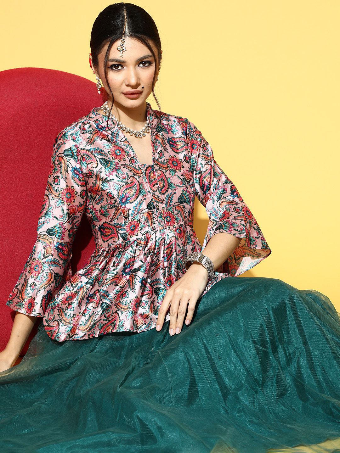 Inddus Women Gorgeous Green Printed Top with Solid Skirt