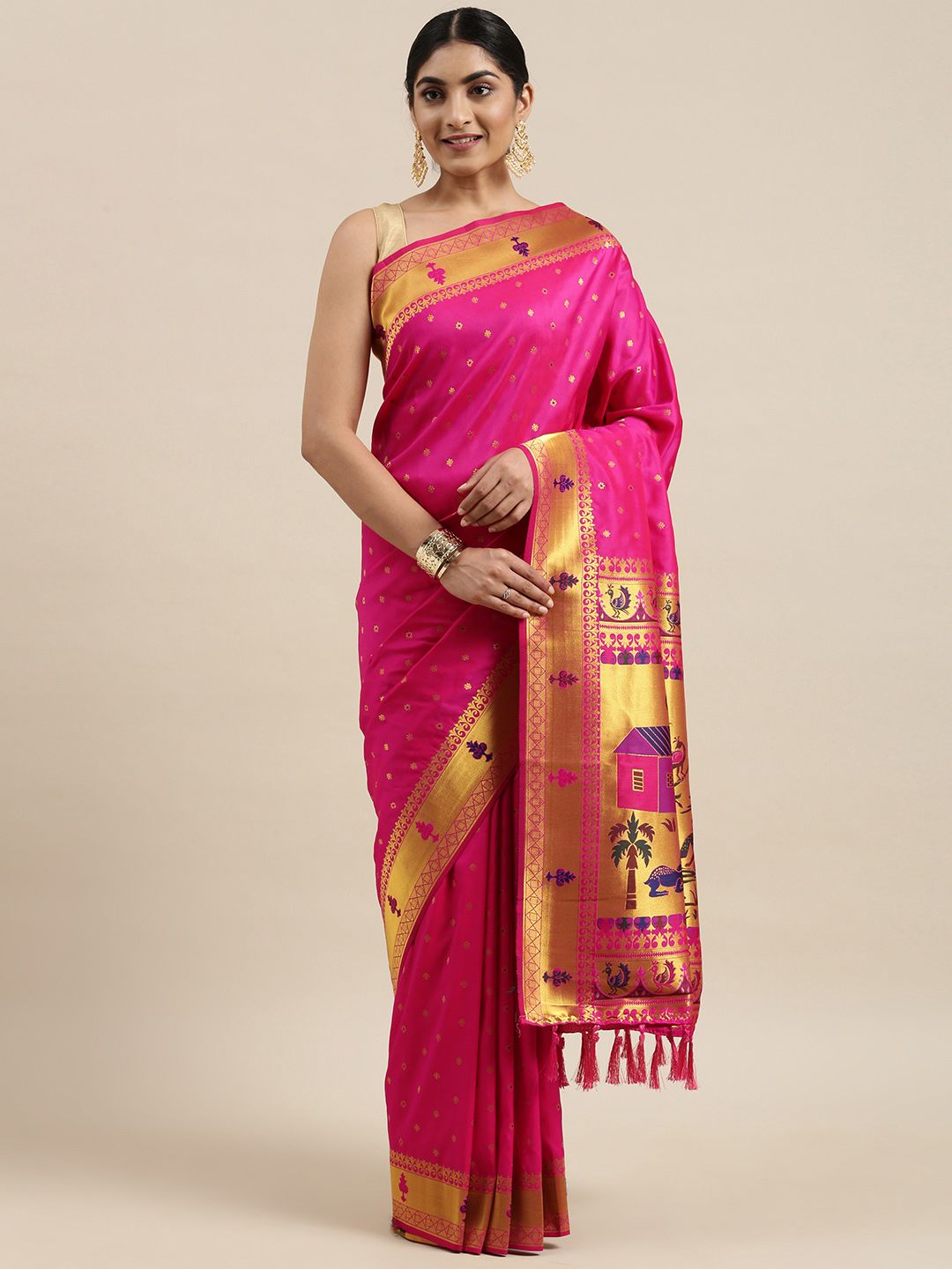 Mitera Pink & Golden Ethnic Woven Design Zari Paithani Silk Saree Price in India