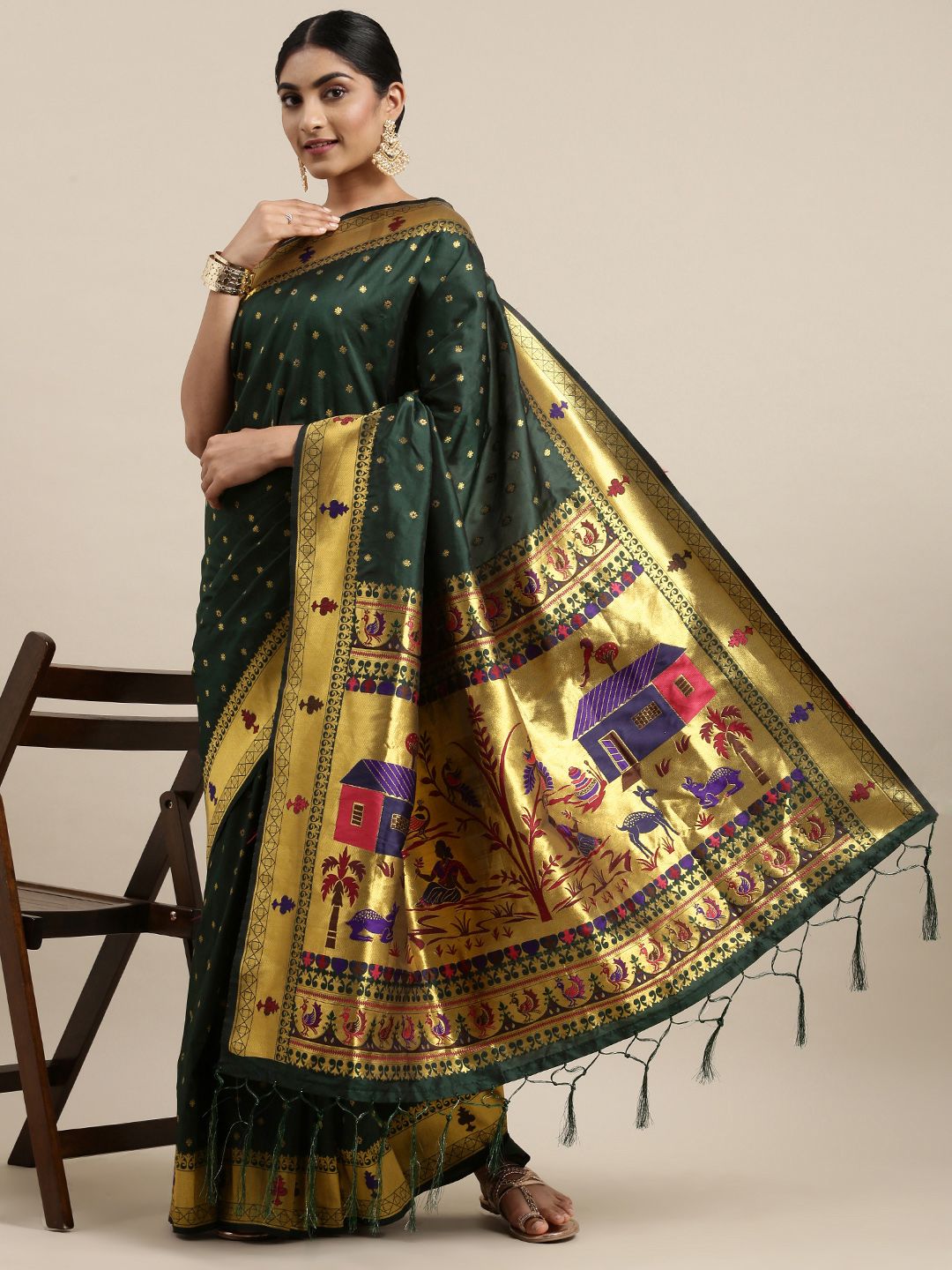 Mitera Green & Golden Ethnic Woven Design Zari Paithani Silk Saree Price in India