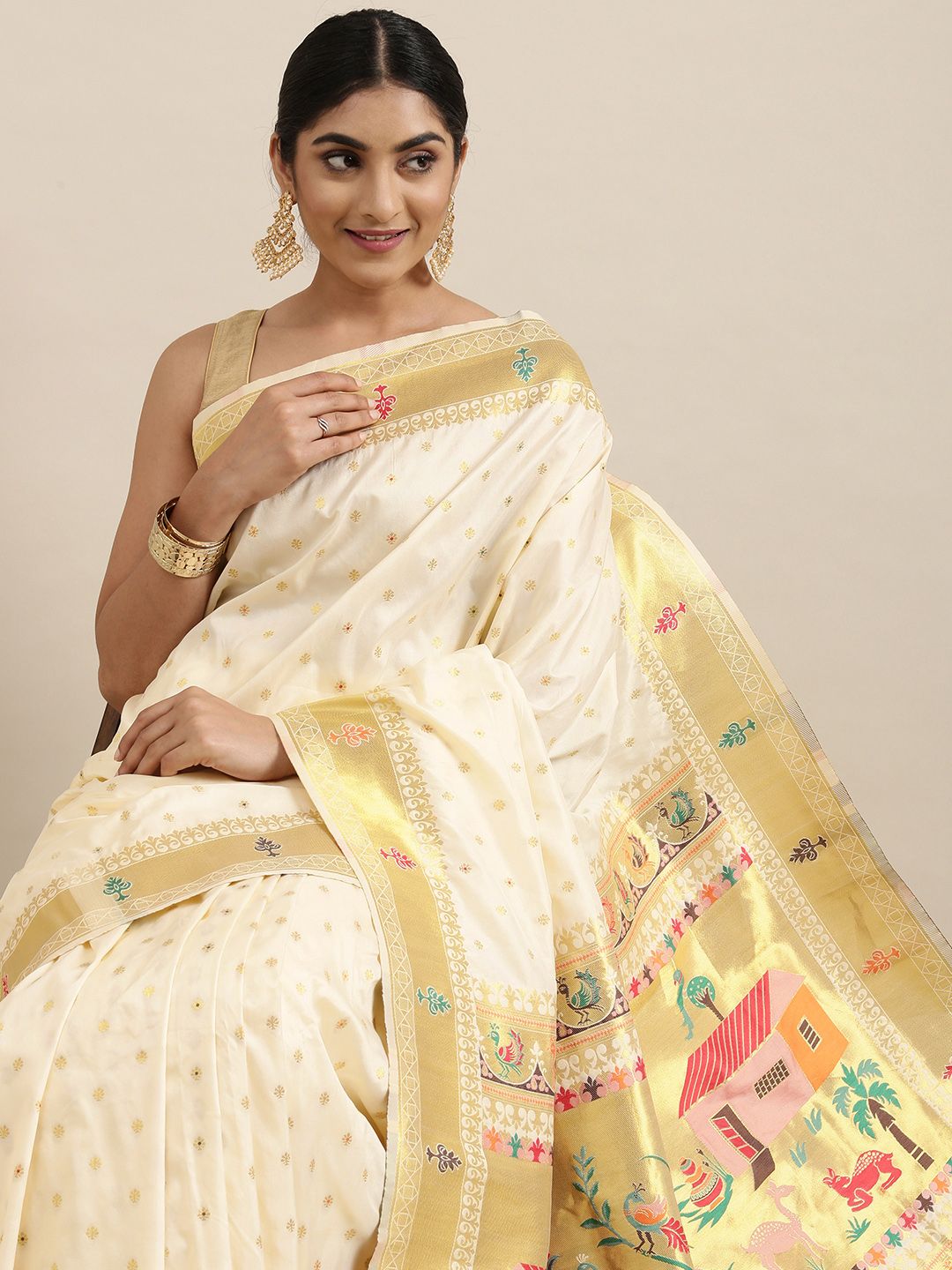 Mitera White & Golden Ethnic Woven Design Zari Paithani Silk Saree Price in India