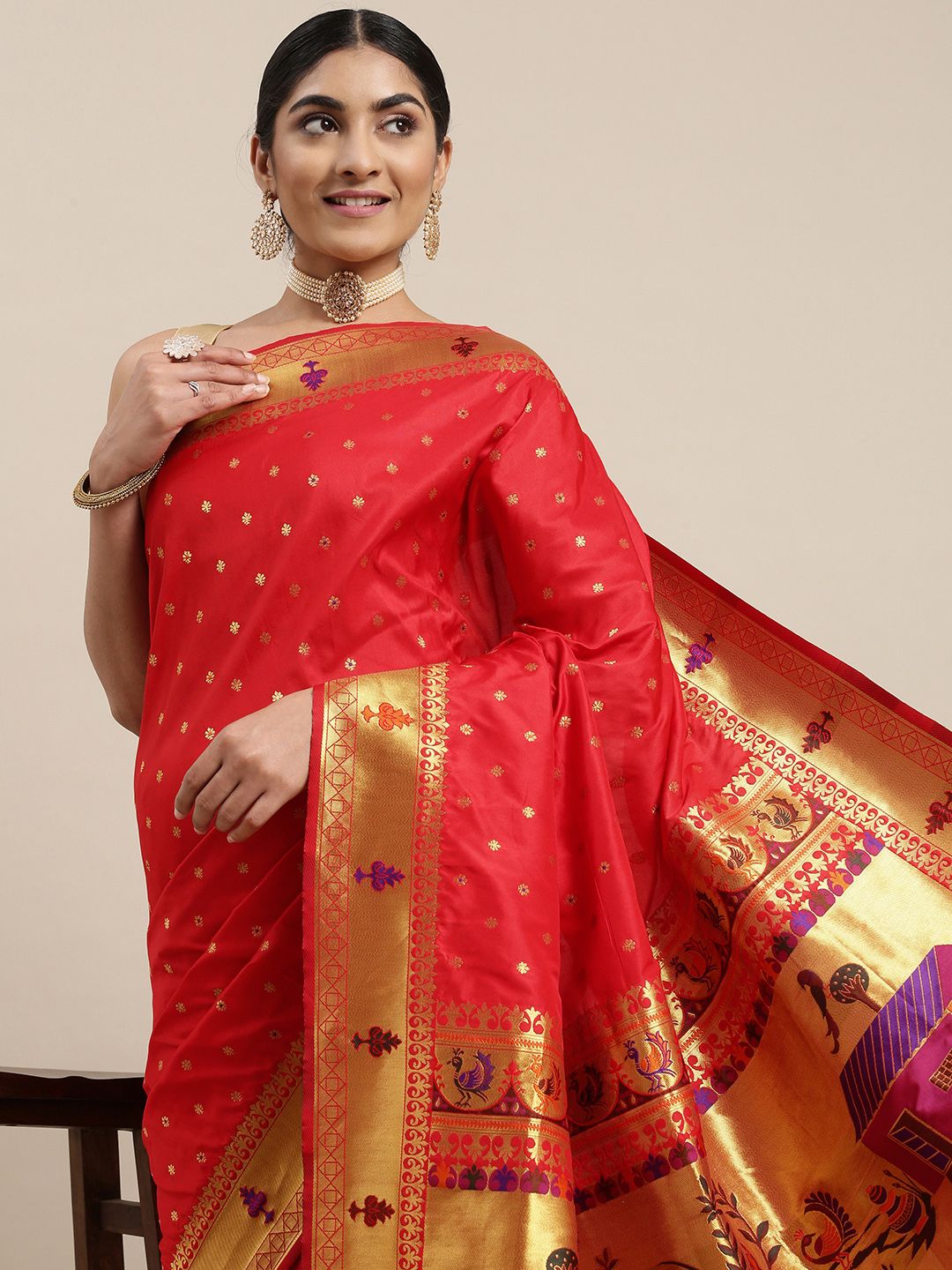 Mitera Red & Golden Ethnic Woven Design Zari Paithani Silk Saree Price in India