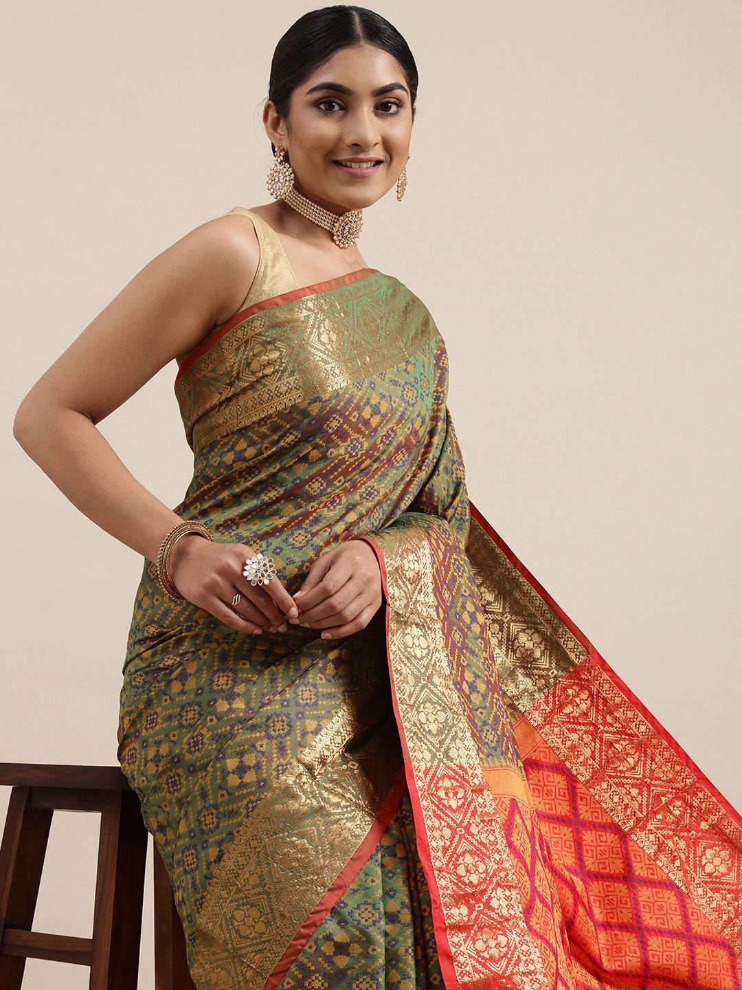 Mitera Olive Green & Beige Woven Design Zari Patola Silk Saree Price in India