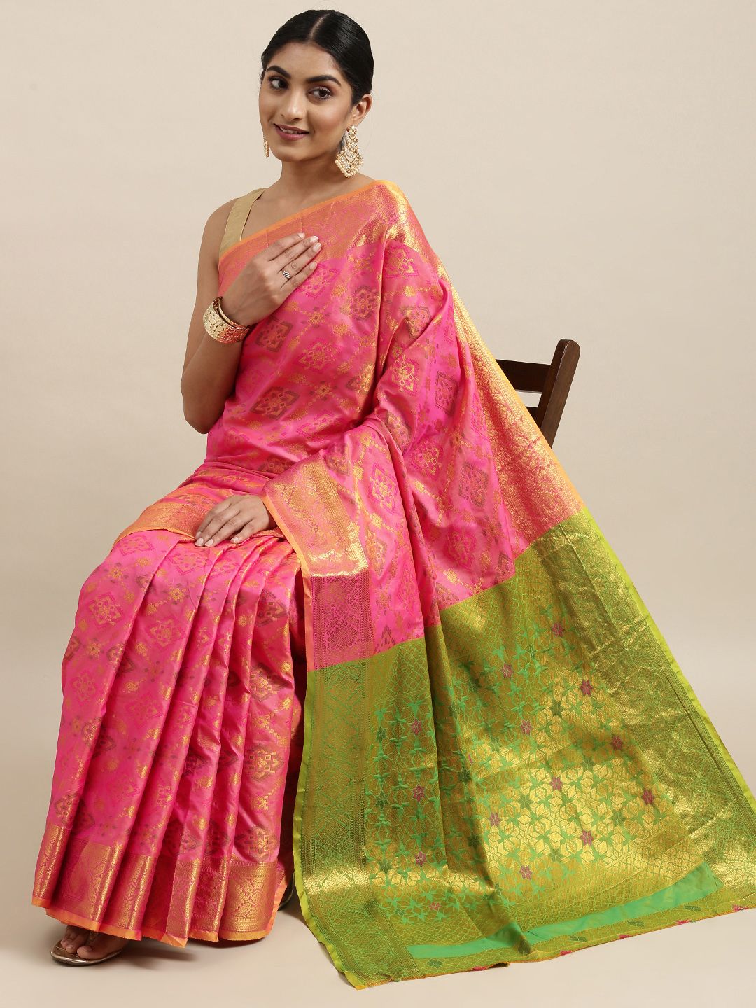 Mitera Pink & Golden Woven Design Zari Patola Silk Saree Price in India