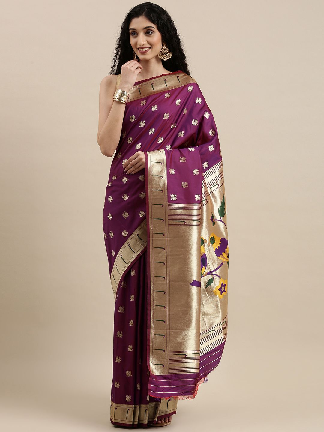 Mitera Purple & Silver-Toned Woven Design Zari Silk Blend Paithani Saree Price in India