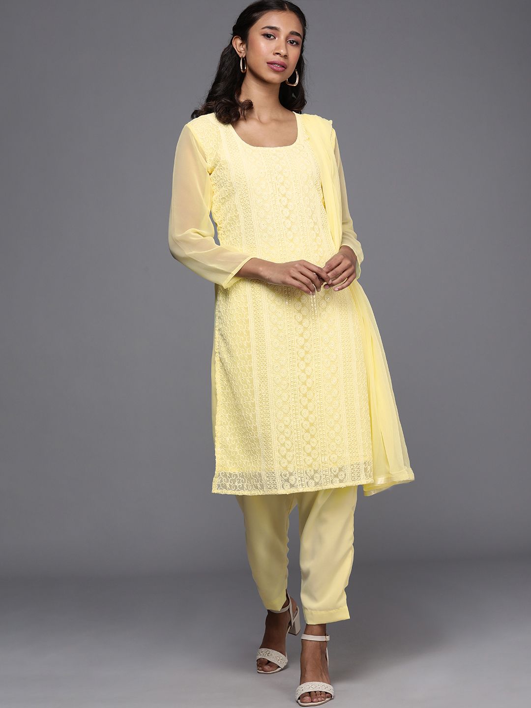 Mitera Yellow Chikankari Embroidered Unstitched Dress Material Price in India