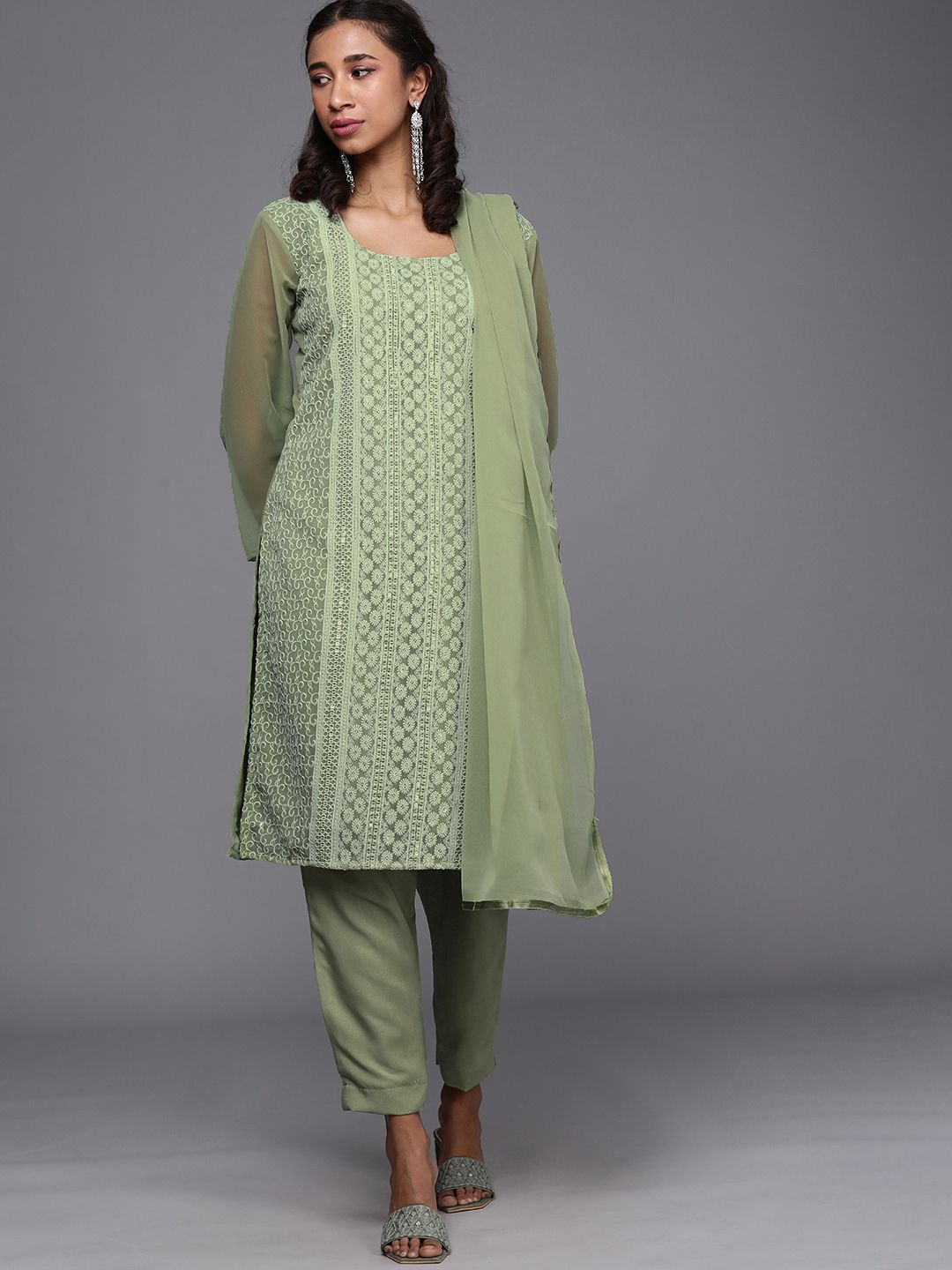 Mitera Green Chikankari Embroidered Unstitched Dress Material Price in India