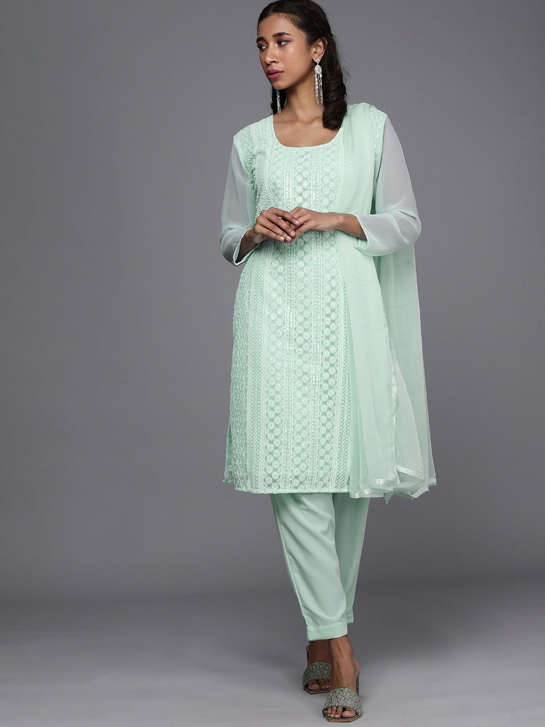 Mitera Sea Green Chikankari Embroidered Unstitched Dress Material Price in India