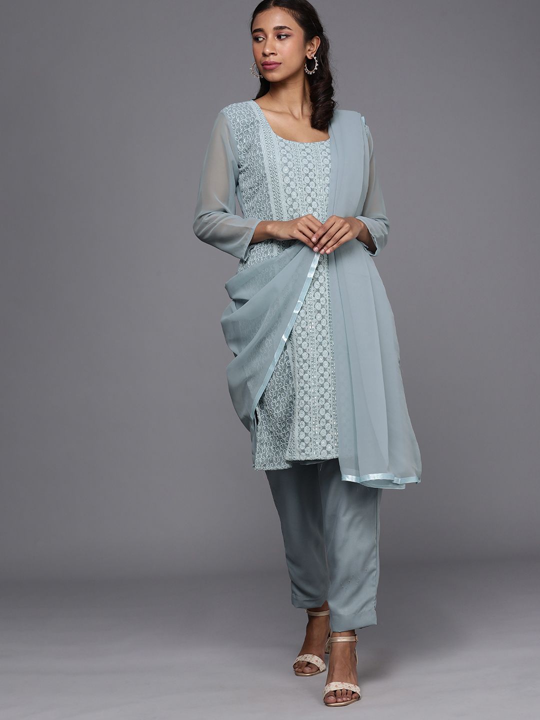 Mitera Blue Chikankari Embroidered Unstitched Dress Material Price in India
