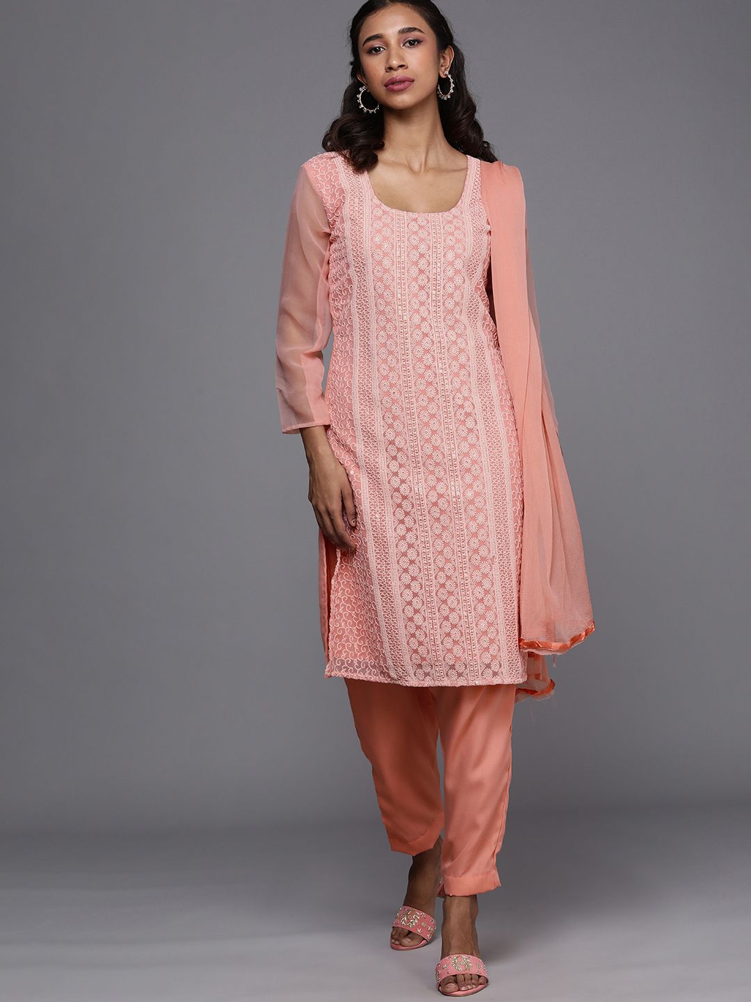 Mitera Peach-Coloured Chikankari Embroidered Unstitched Dress Material Price in India