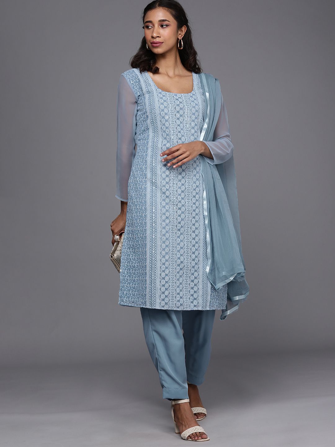 Mitera Blue Chikankari Embroidered Unstitched Dress Material Price in India