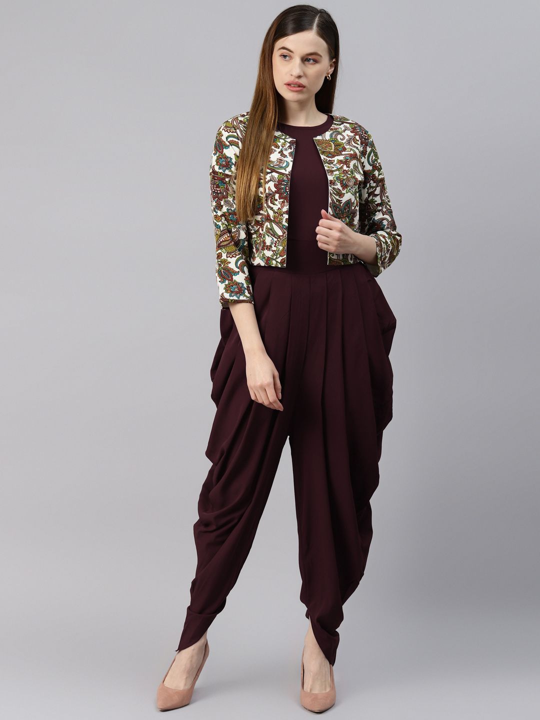Cottinfab Brown Solid Dhoti Style Jumpsuit With Jacket Price in India