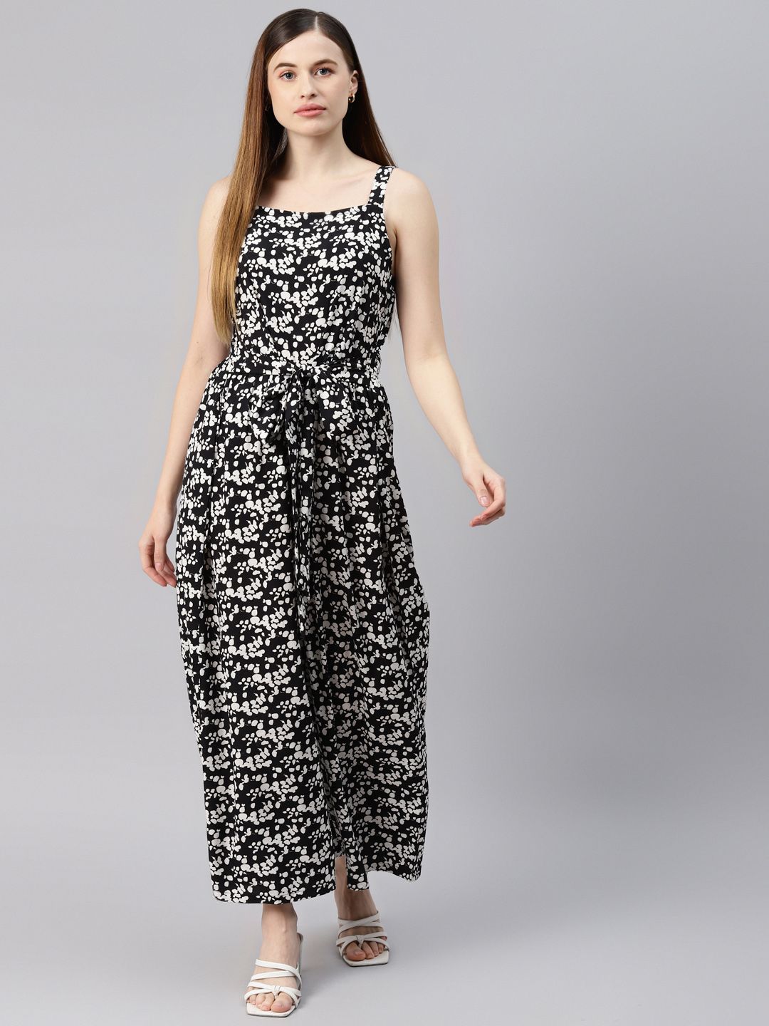 Cottinfab Black & White Printed Basic Jumpsuit Price in India