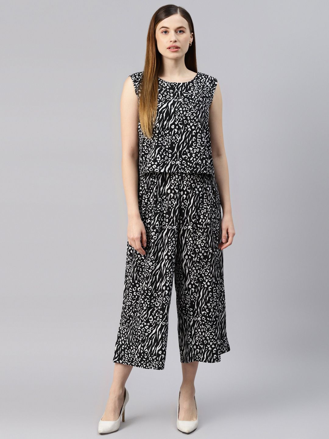 Cottinfab Black & White Printed Culotte Jumpsuit Price in India
