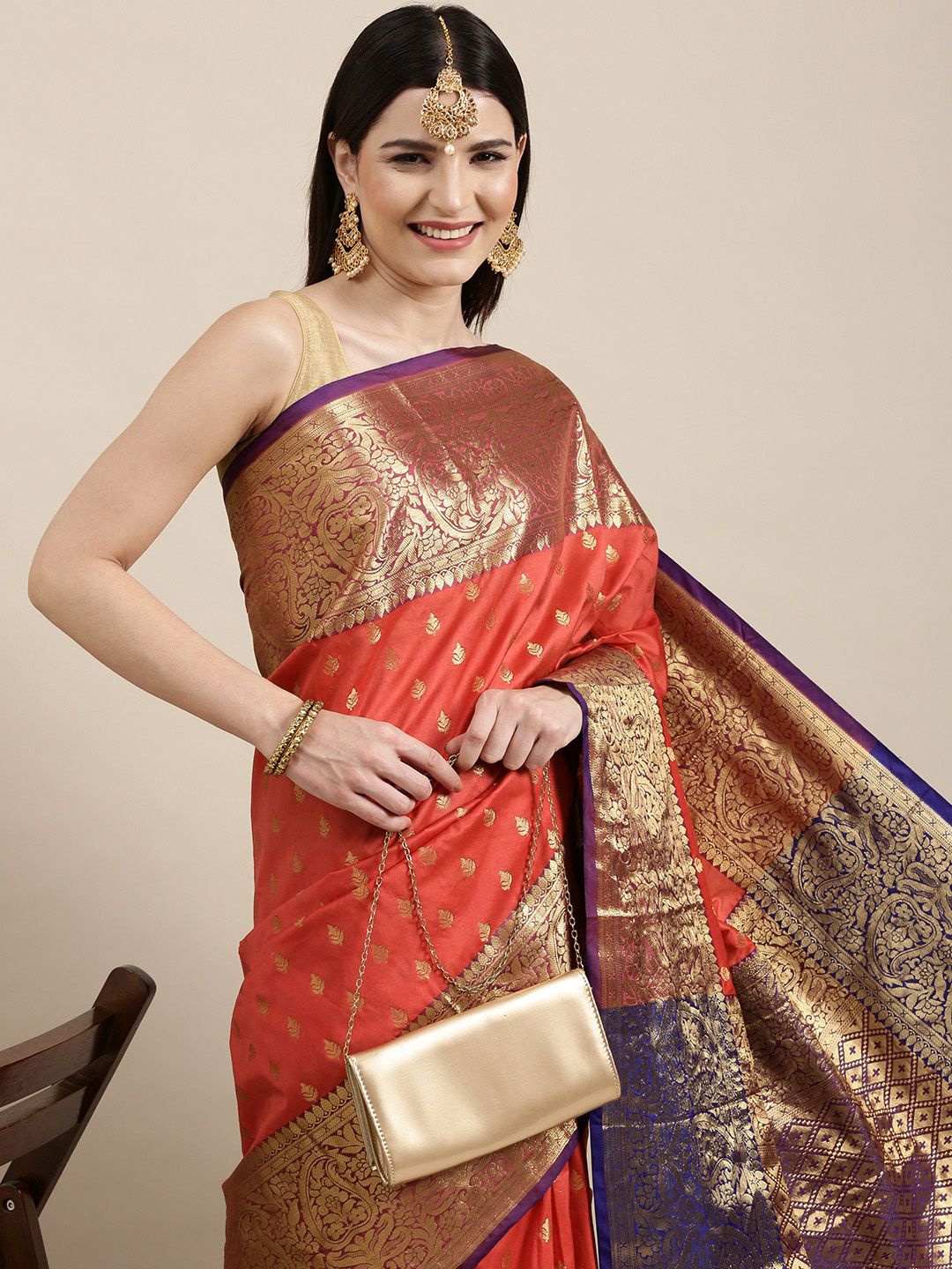 Mitera Red & Golden Ethnic Motifs Banarasi Saree with Zari Border Price in India