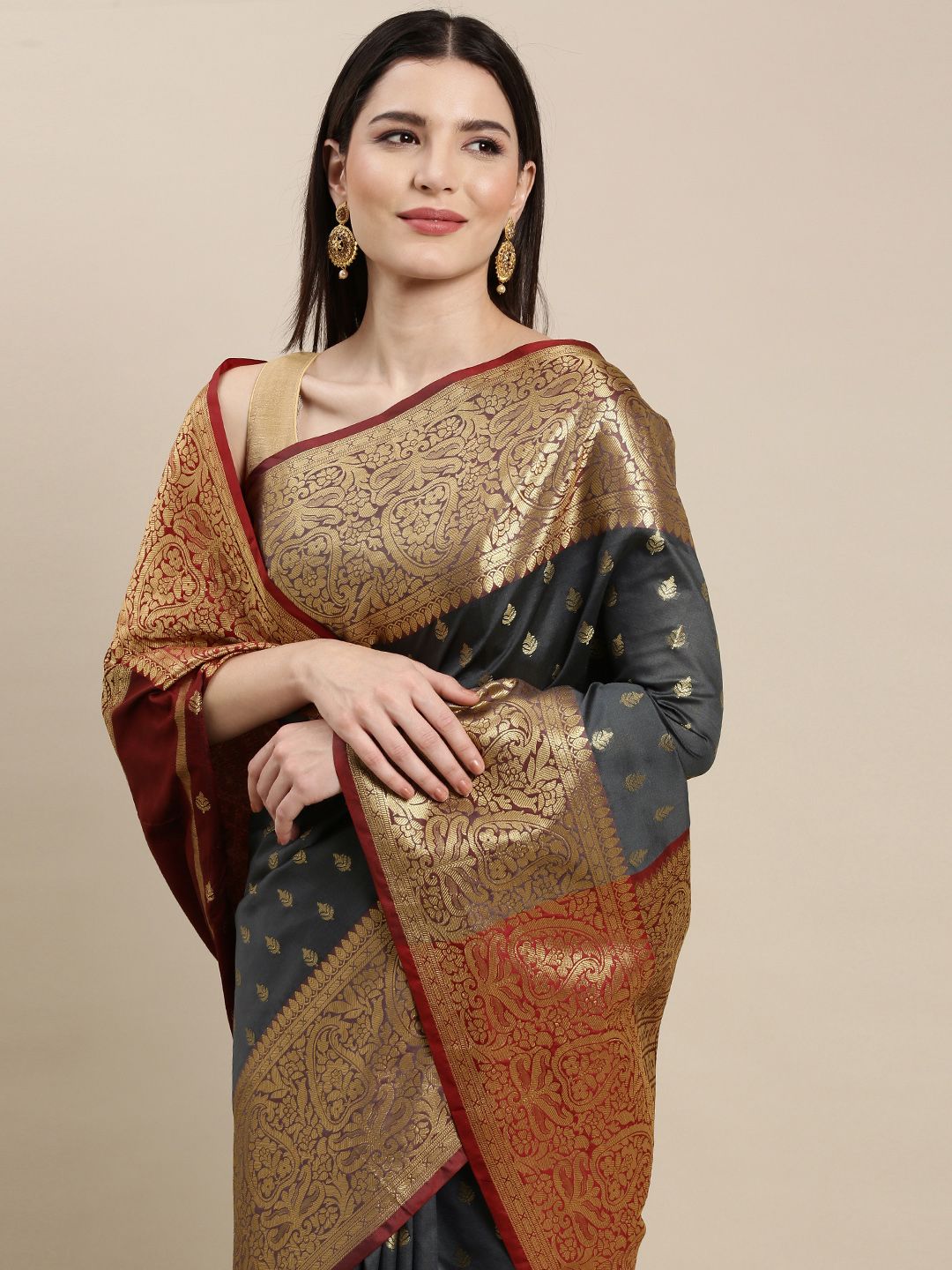 Mitera Charcoal Grey & Golden Ethnic Motifs Banarasi Saree with Zari Border Price in India