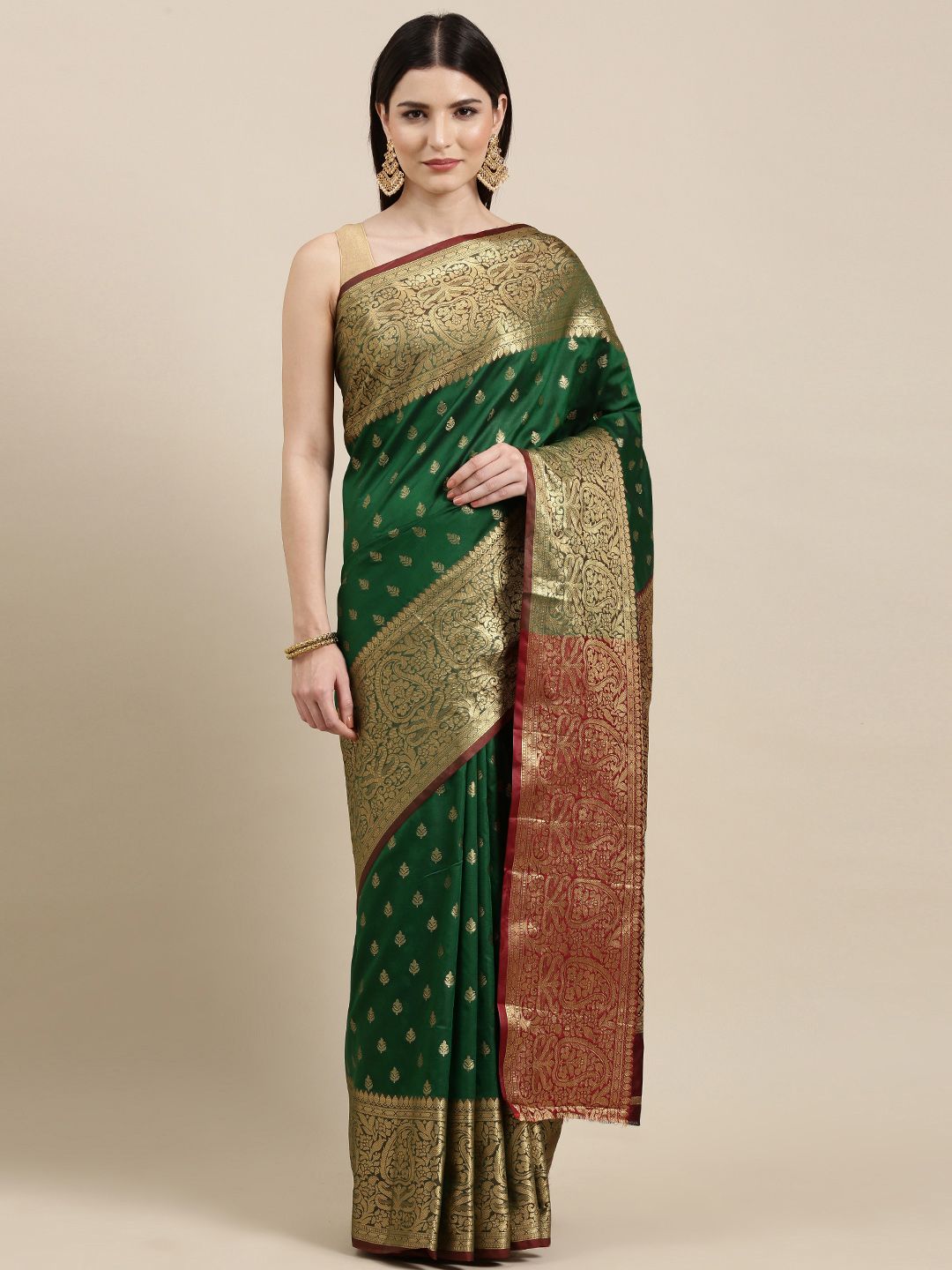 Mitera Green & Golden Ethnic Motifs Banarasi Saree with Zari Border Price in India