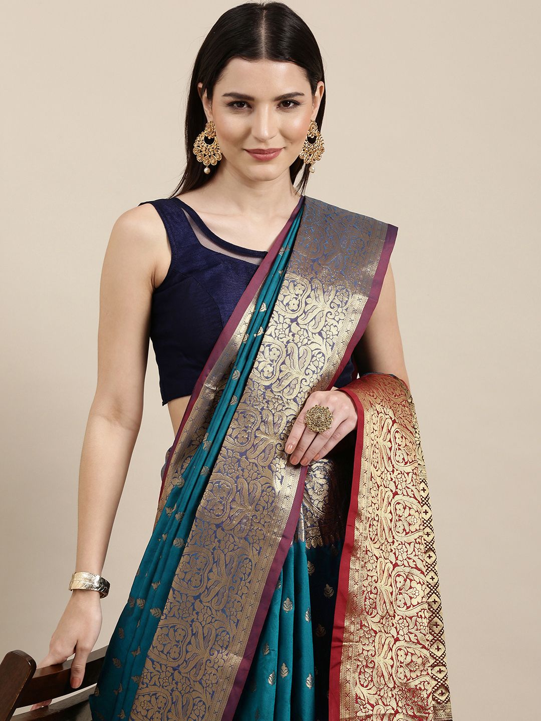 Mitera Teal Blue & Golden Ethnic Motifs Banarasi Saree with Zari Border Price in India