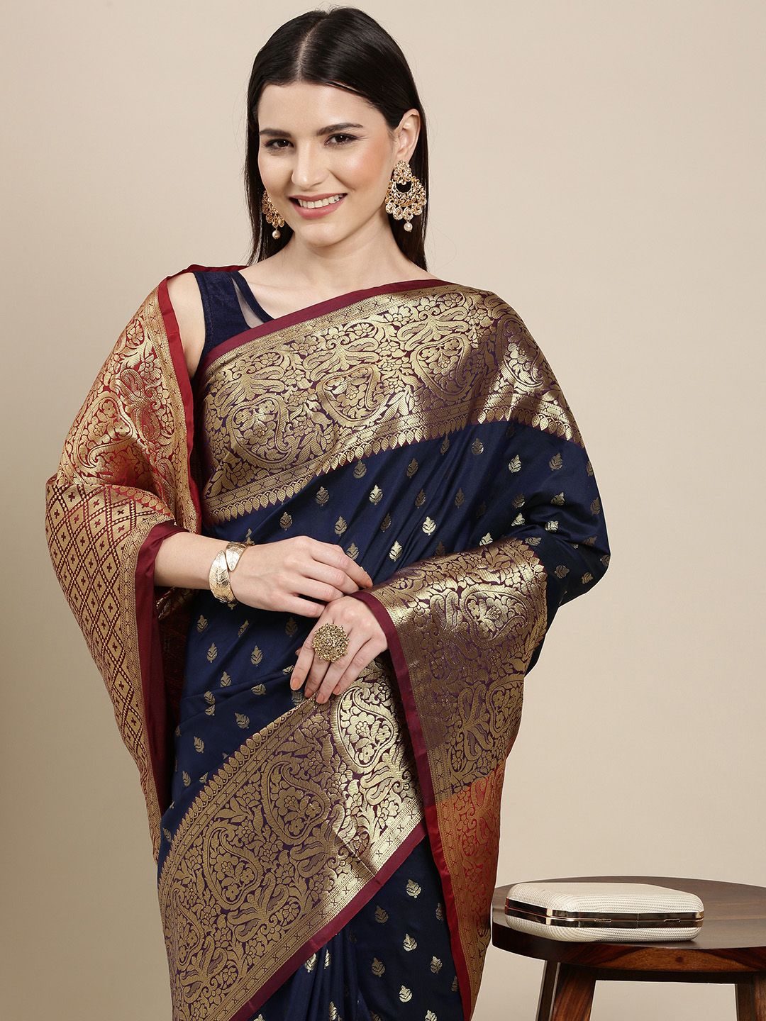 Mitera Navy Blue & Golden Ethnic Motifs Banarasi Saree with Zari Border Price in India