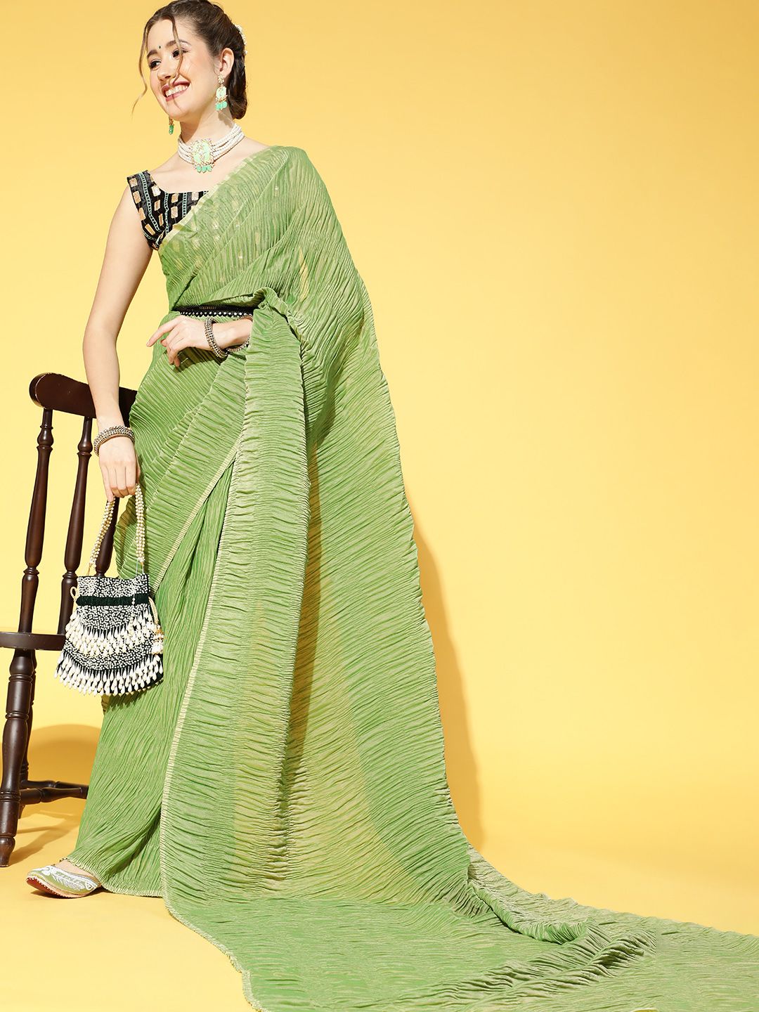 Saree mall Green & Black Solid Party Saree with Matching Blouse