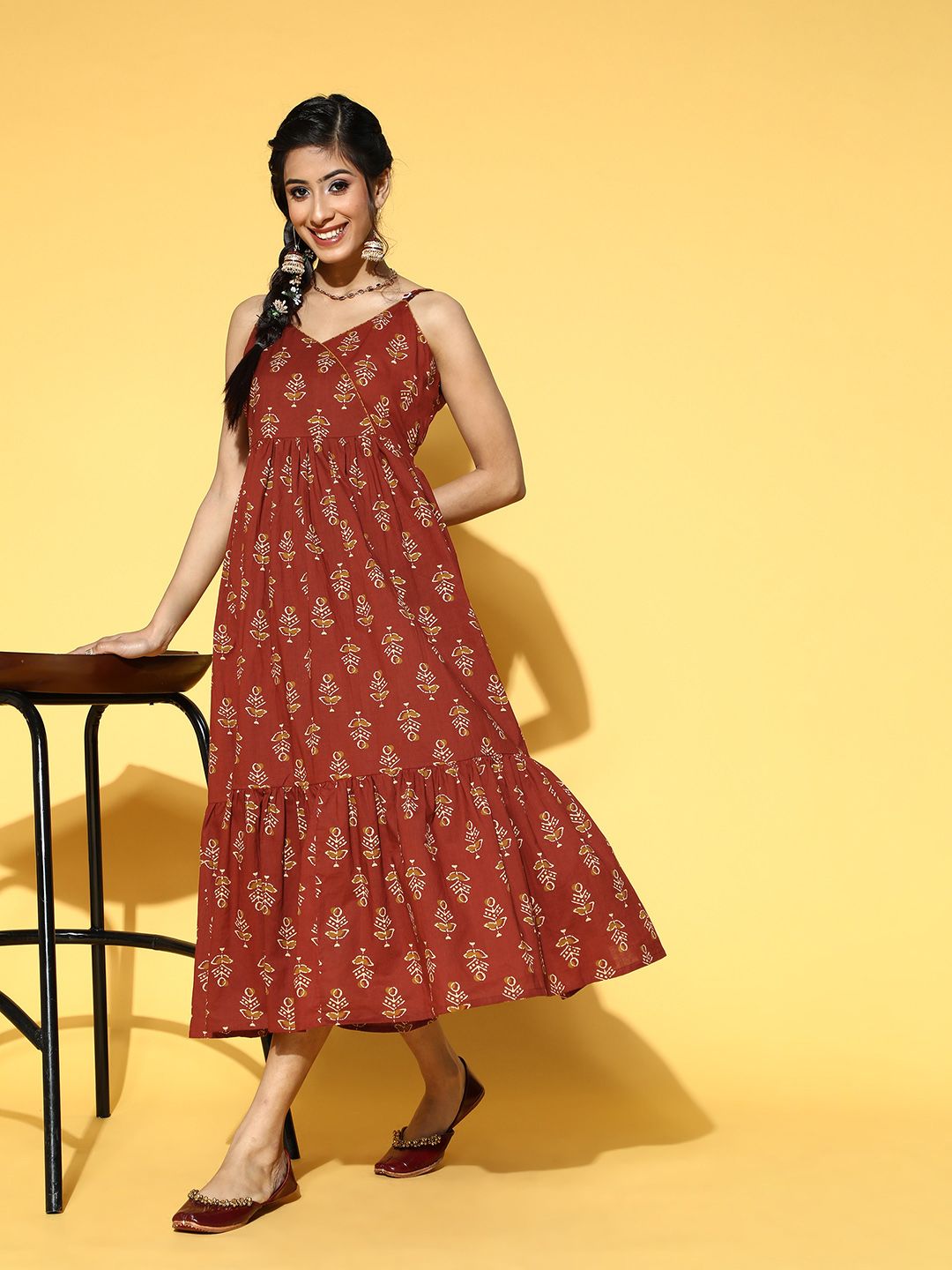 Libas Women Chic Rust Floral Tiered Dress Price in India