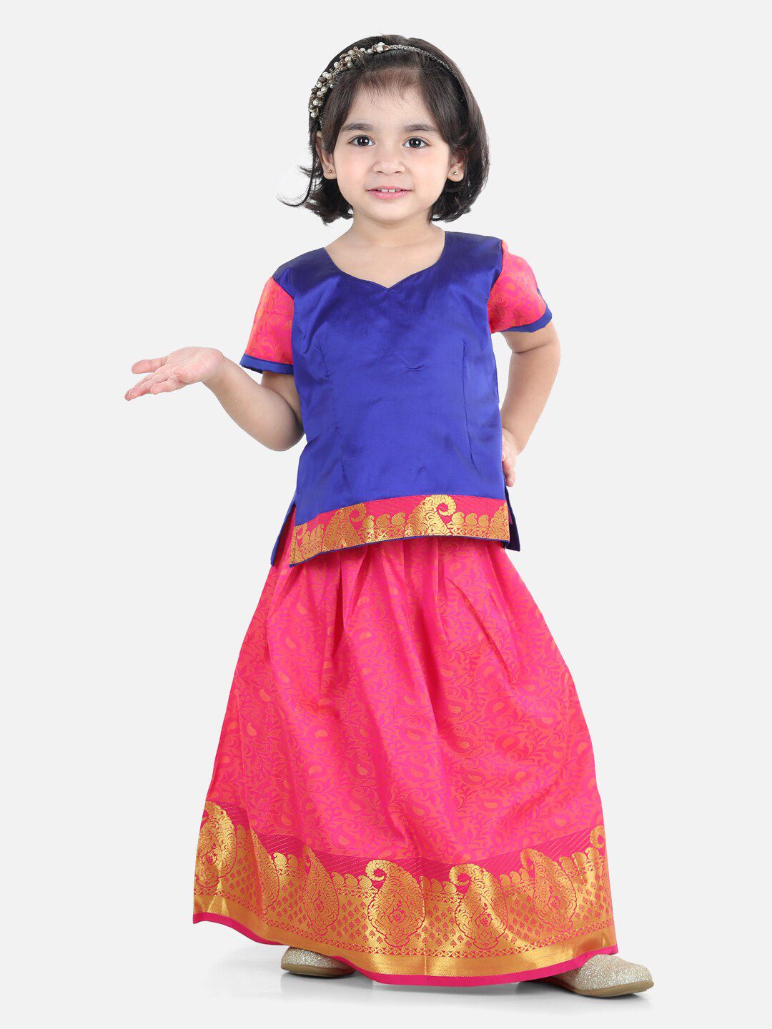 BownBee Girls Blue & Pink Woven Design Lehenga Choli