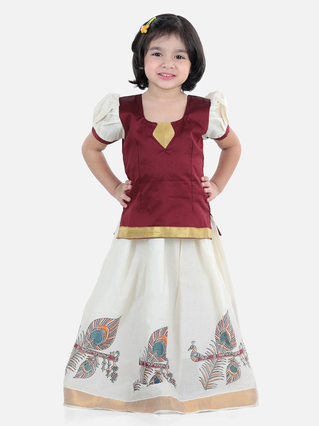 BownBee Girls Maroon & White Printed Ready to Wear Lehenga Choli