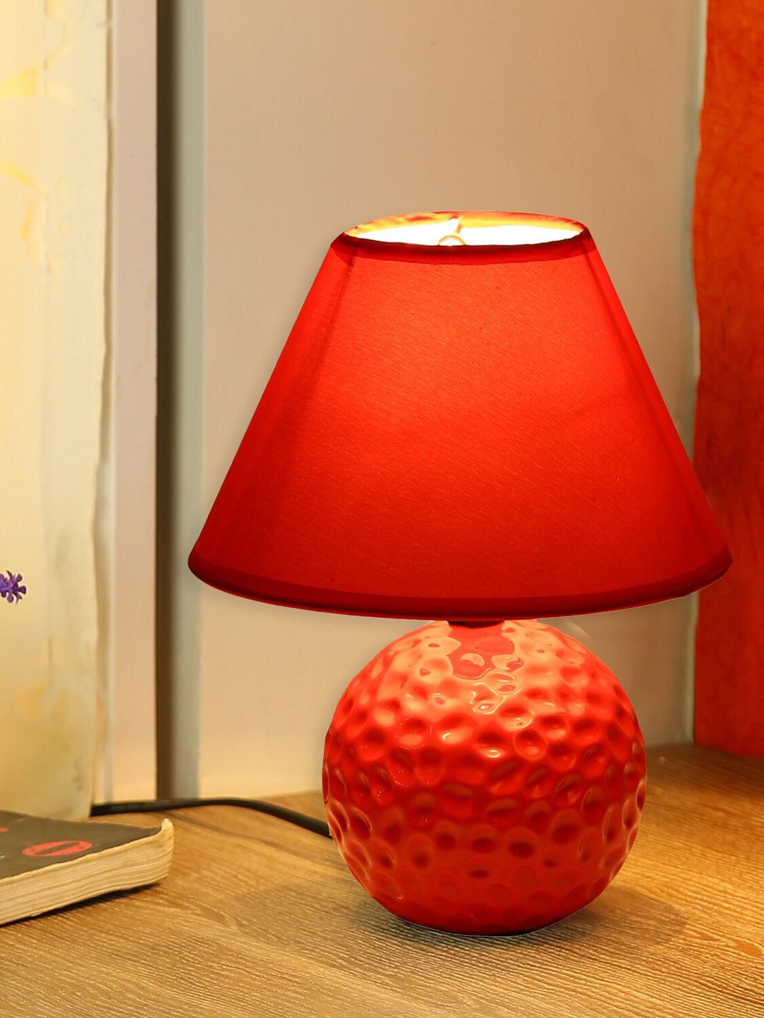 TAYHAA Red Textured Ceramic Table Lamp With Shade Price in India