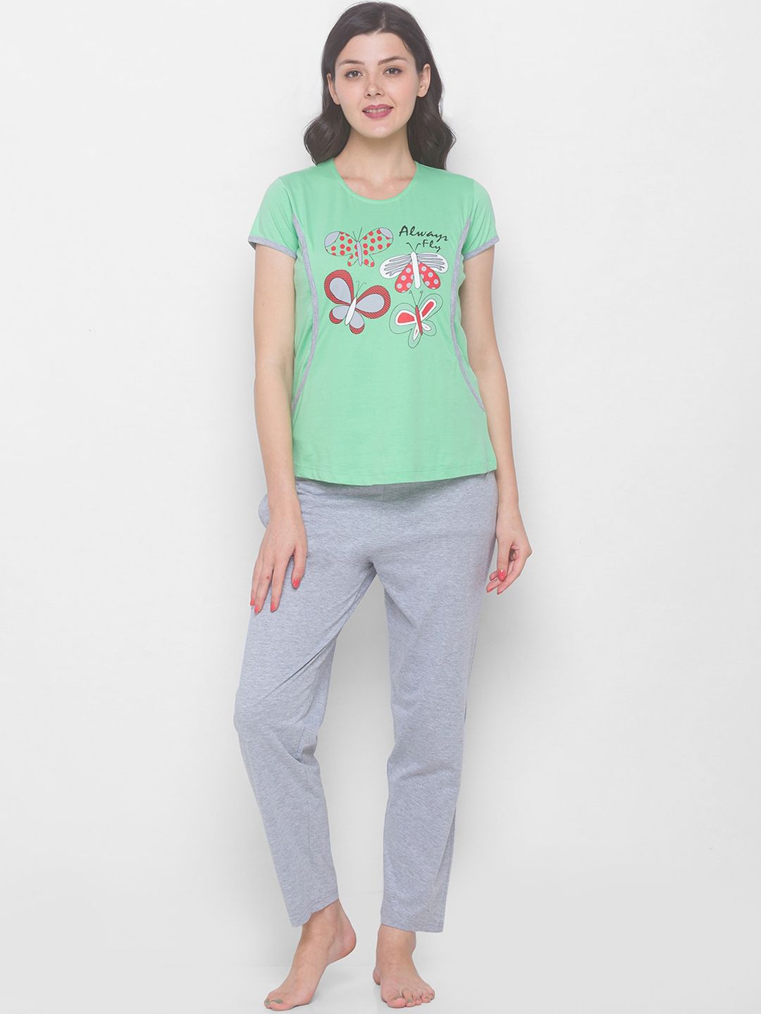 AV2 Women Green & Grey Printed Pure Cotton Night suit