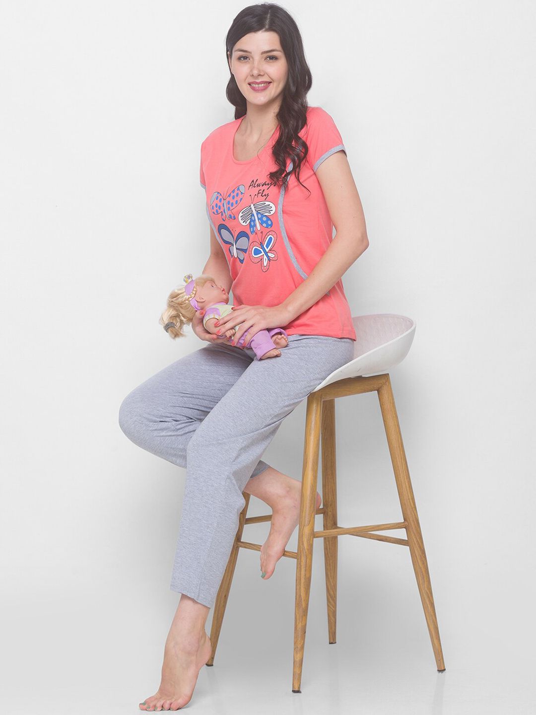 AV2 Women Orange & Grey Pure Cotton Night suit