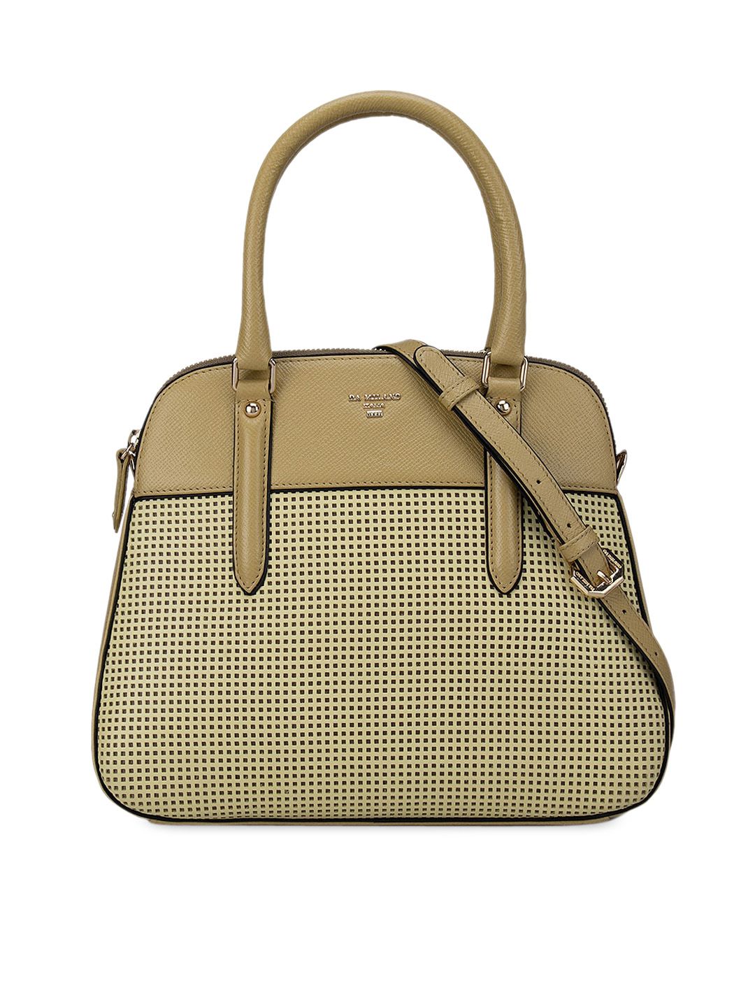 Da Milano Green Checked Leather Structured Handheld Bag Price in India