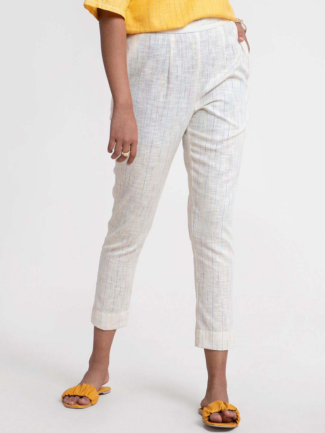 Marigold by FableStreet Women Off White Striped Trousers Price in India