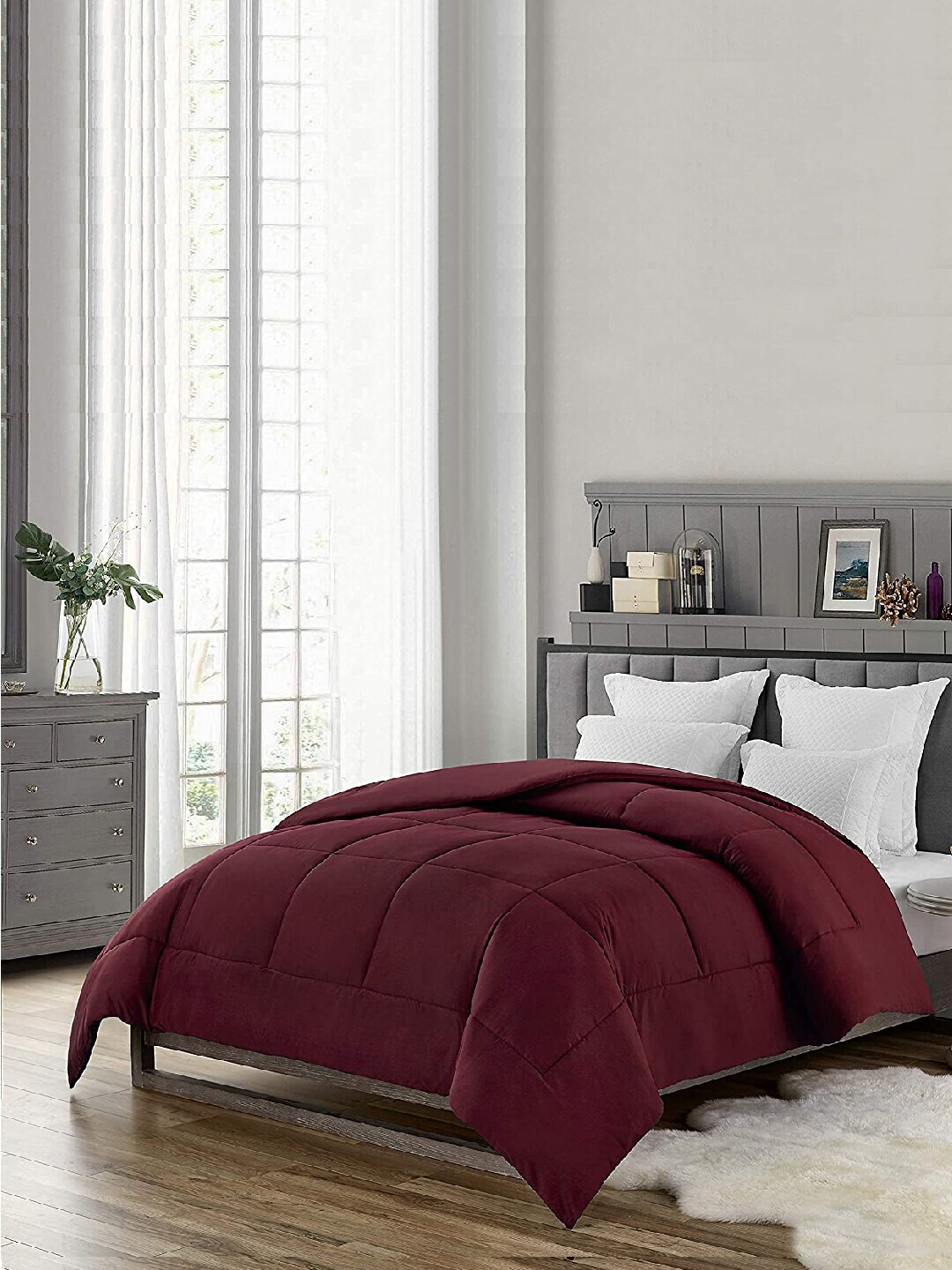 LINENWALAS Happy Sleeping Burgundy Solid AC Room 300 GSM Double Bed Comforter Price in India