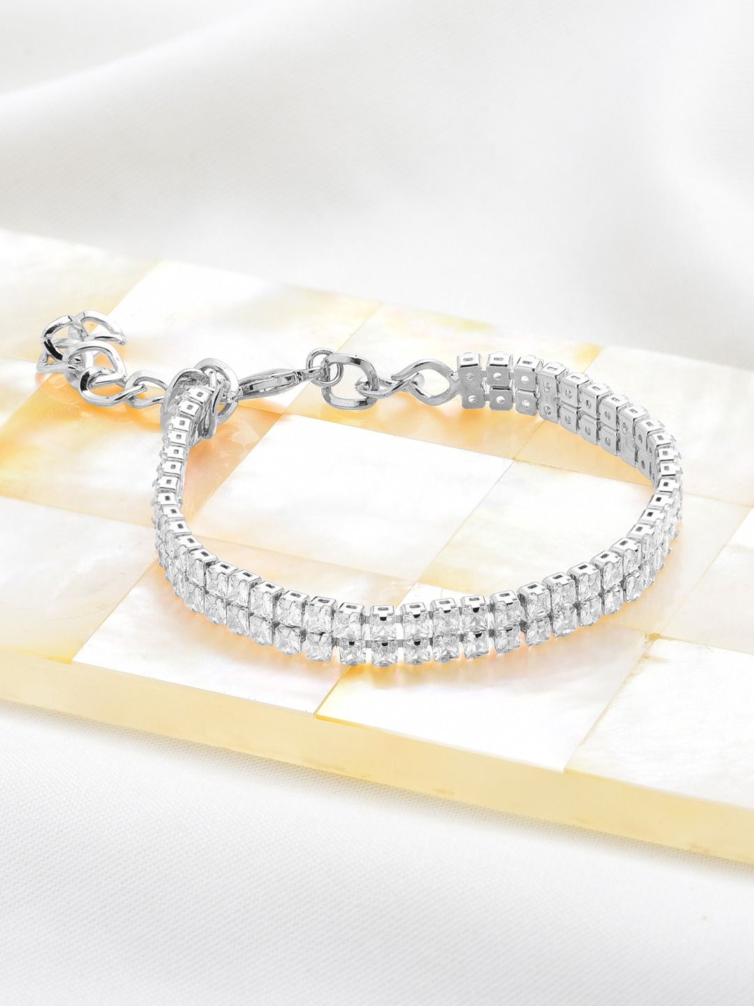 AMI Women Silver-Toned & White Brass Cubic Zirconia Silver-Plated Wraparound Bracelet Price in India