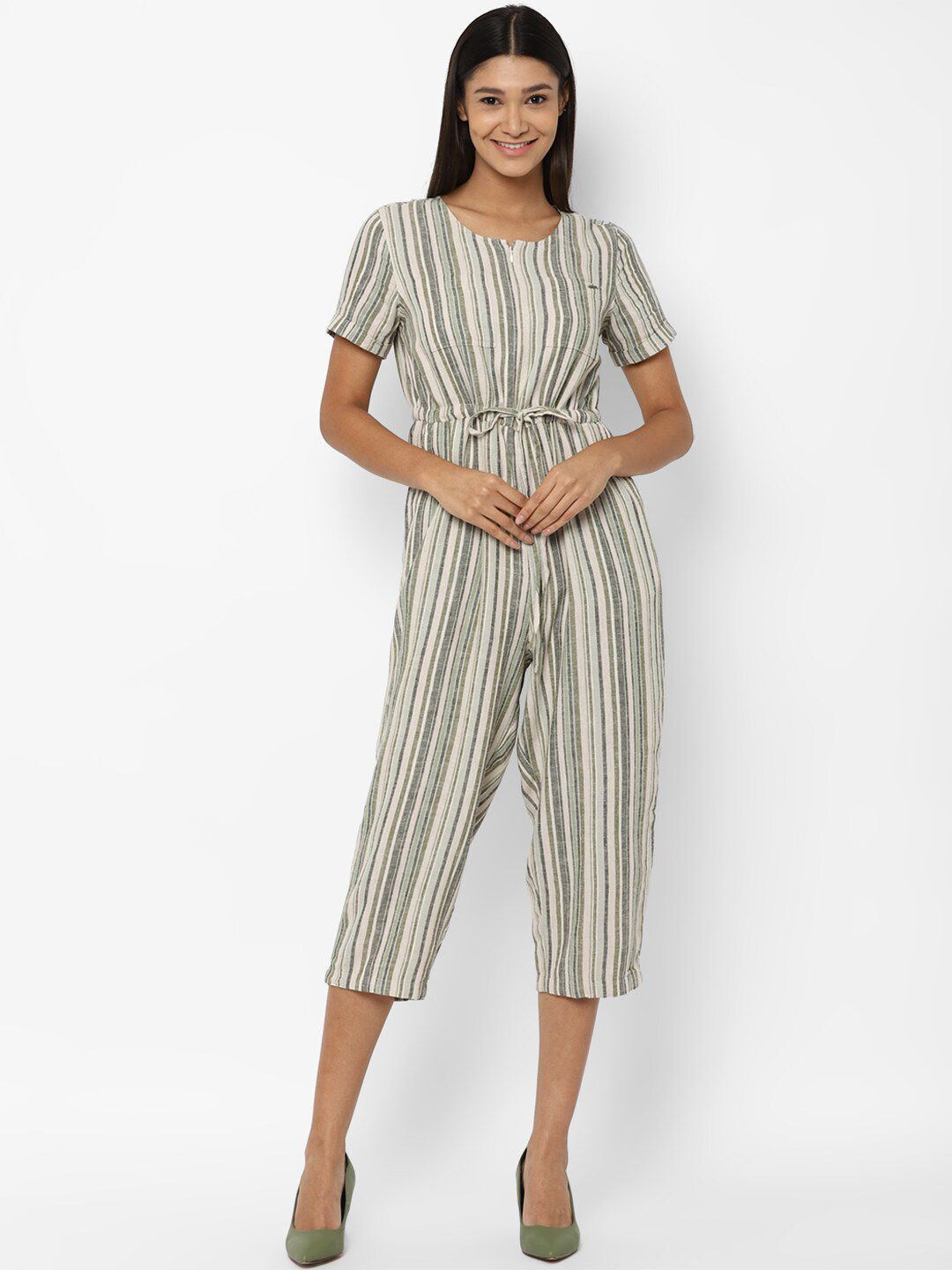 Allen Solly Woman Olive & White Striped Linen Jumpsuit Price in India