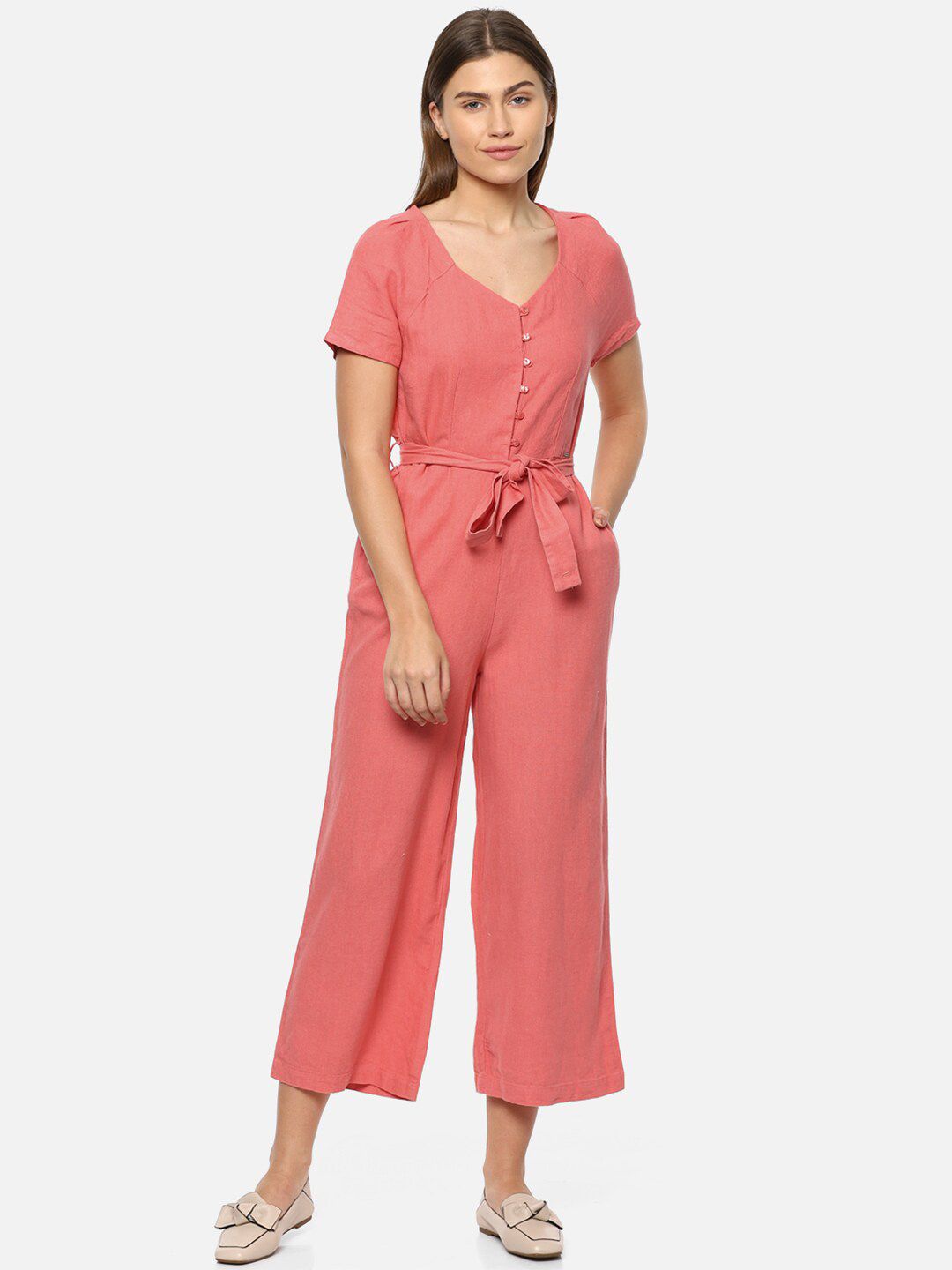 Allen Solly Woman Pink Linen Culotte Jumpsuit Price in India