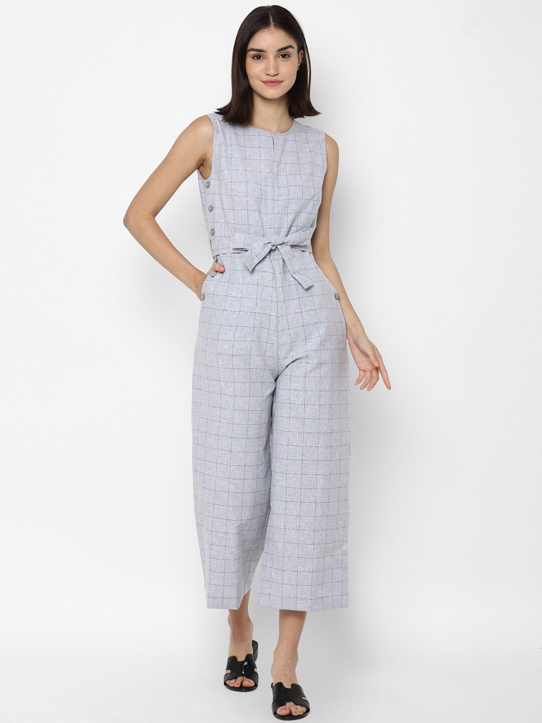 Allen Solly Woman Grey Checked Basic Jumpsuit Price in India