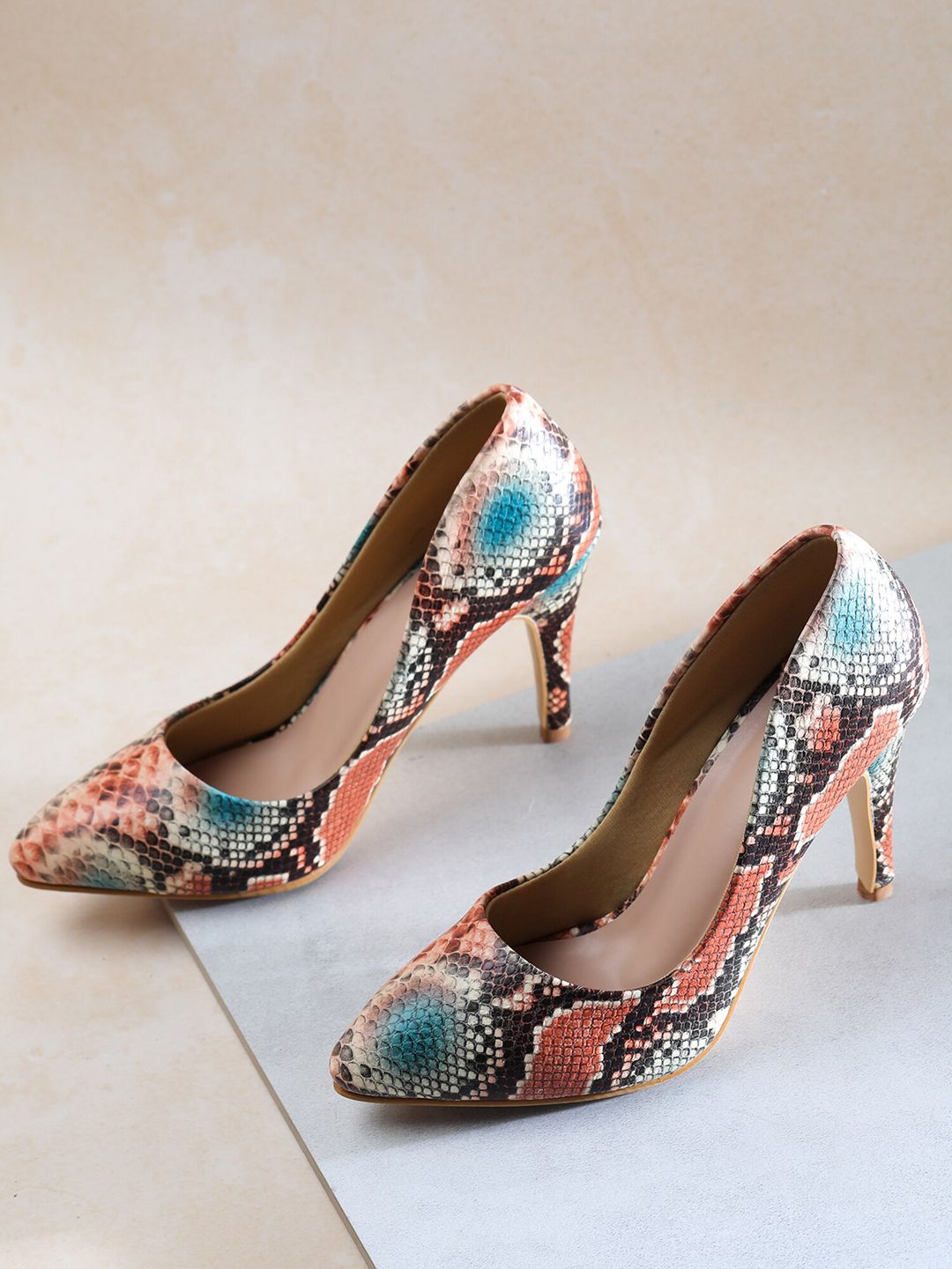 Shezone Rust & Blue Printed Stiletto Pumps Price in India