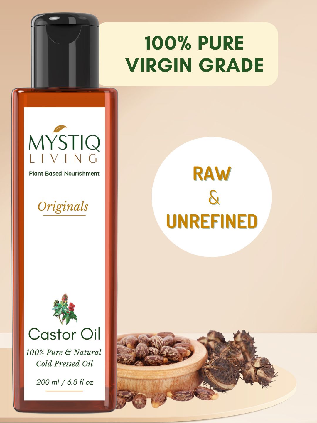 MYSTIQ LIVING Castor Hair Oil For Hair Growth & Thick Eyebrow Eyelash 200ml