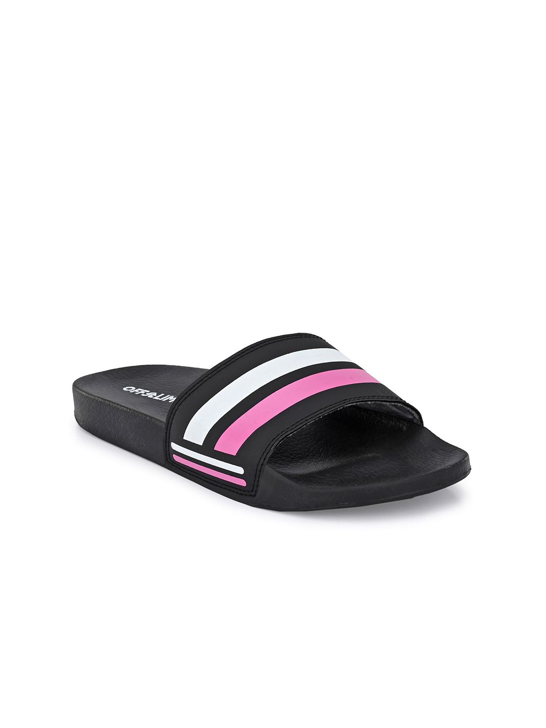 OFF LIMITS Women Black & Pink Striped Sliders Price in India