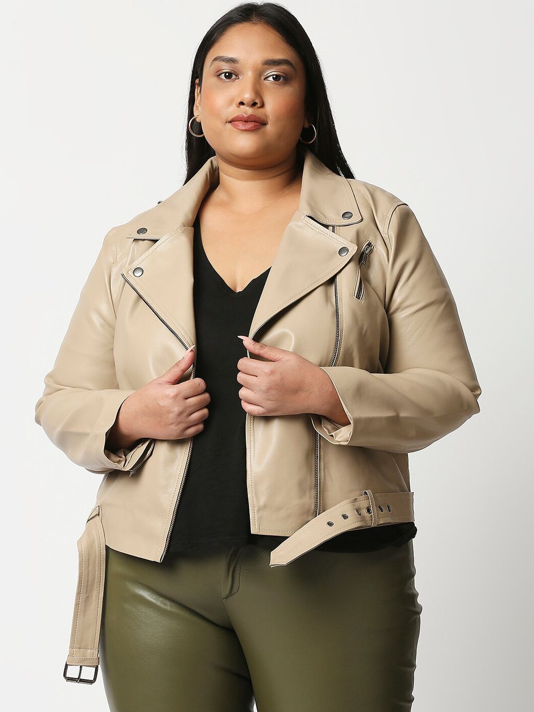 20Dresses Women Plus Size Beige Crop Biker Jacket Price in India