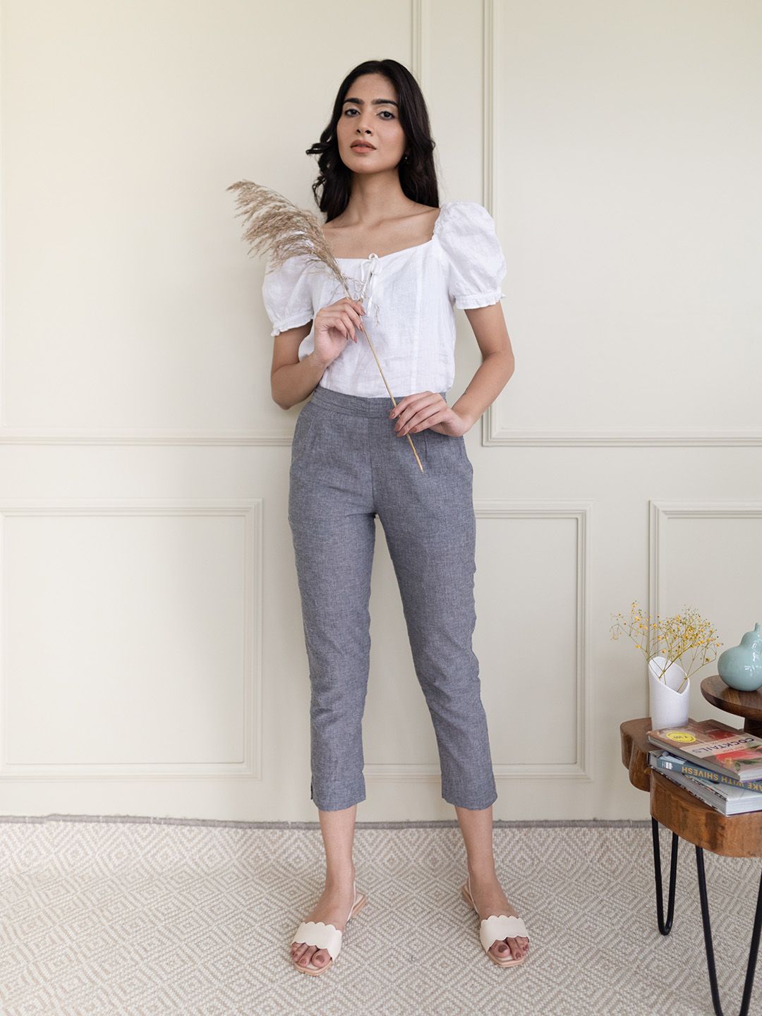 elleven Women Grey Solid Tapered Fit Cotton Pleated Trousers Price in India