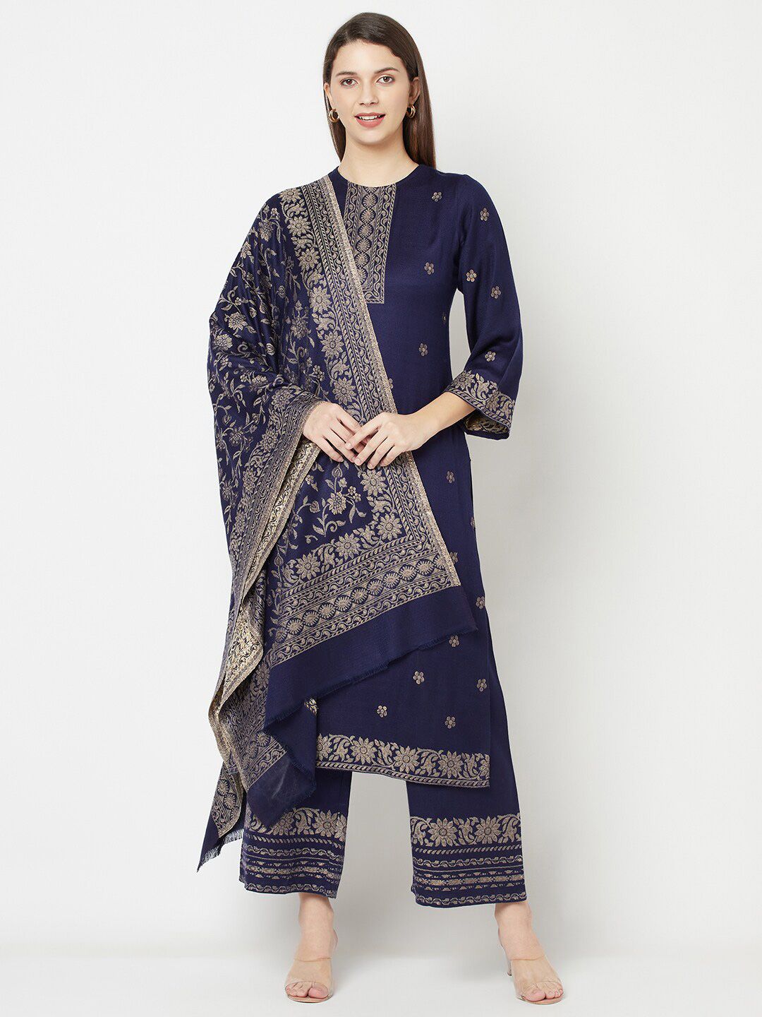 Safaa Blue & Gold-Toned Acrylic Wool Unstitched Dress Material Price in India