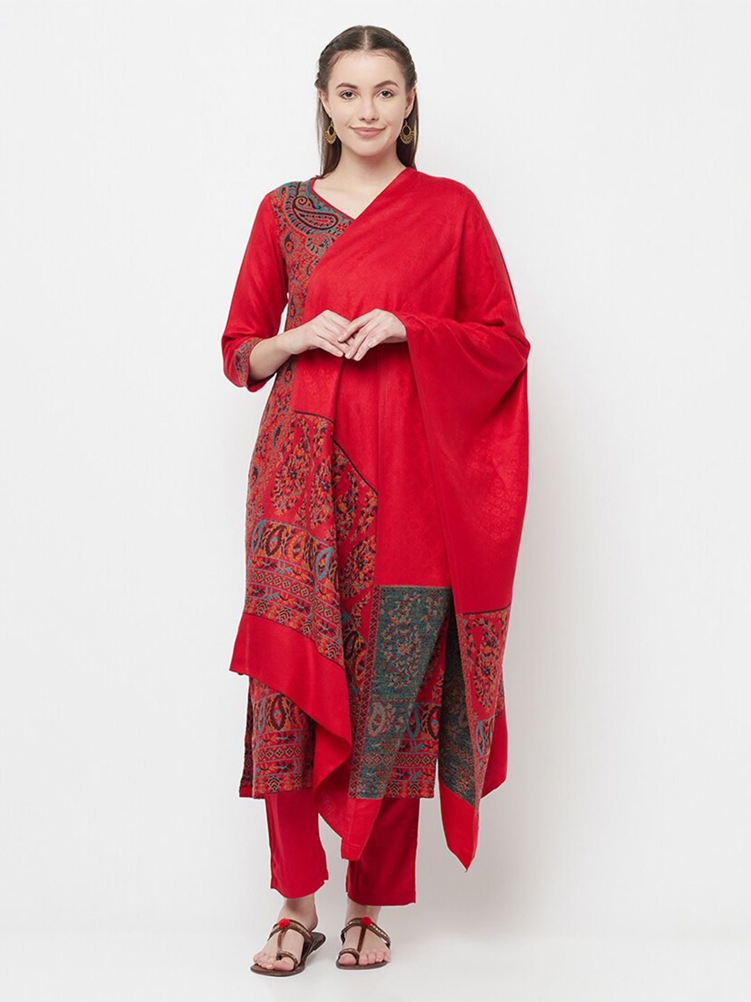 Safaa Red & Blue Winter Acrylic Wool Unstitched Dress Material Price in India