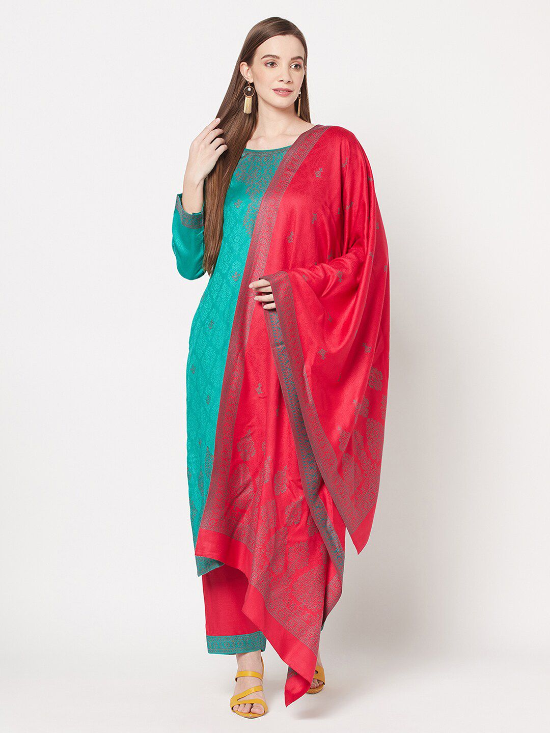 Safaa Green & Red Acrylic Wool Unstitched Dress Material Price in India